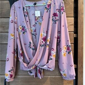 Windsor Purple Wrap Blouse with Tie Front and Long Sleeves